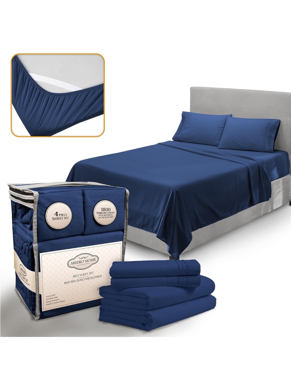 NEW Abeero Home King Size Sheets Set with Elastic Corner Straps -4pc Navy Blue